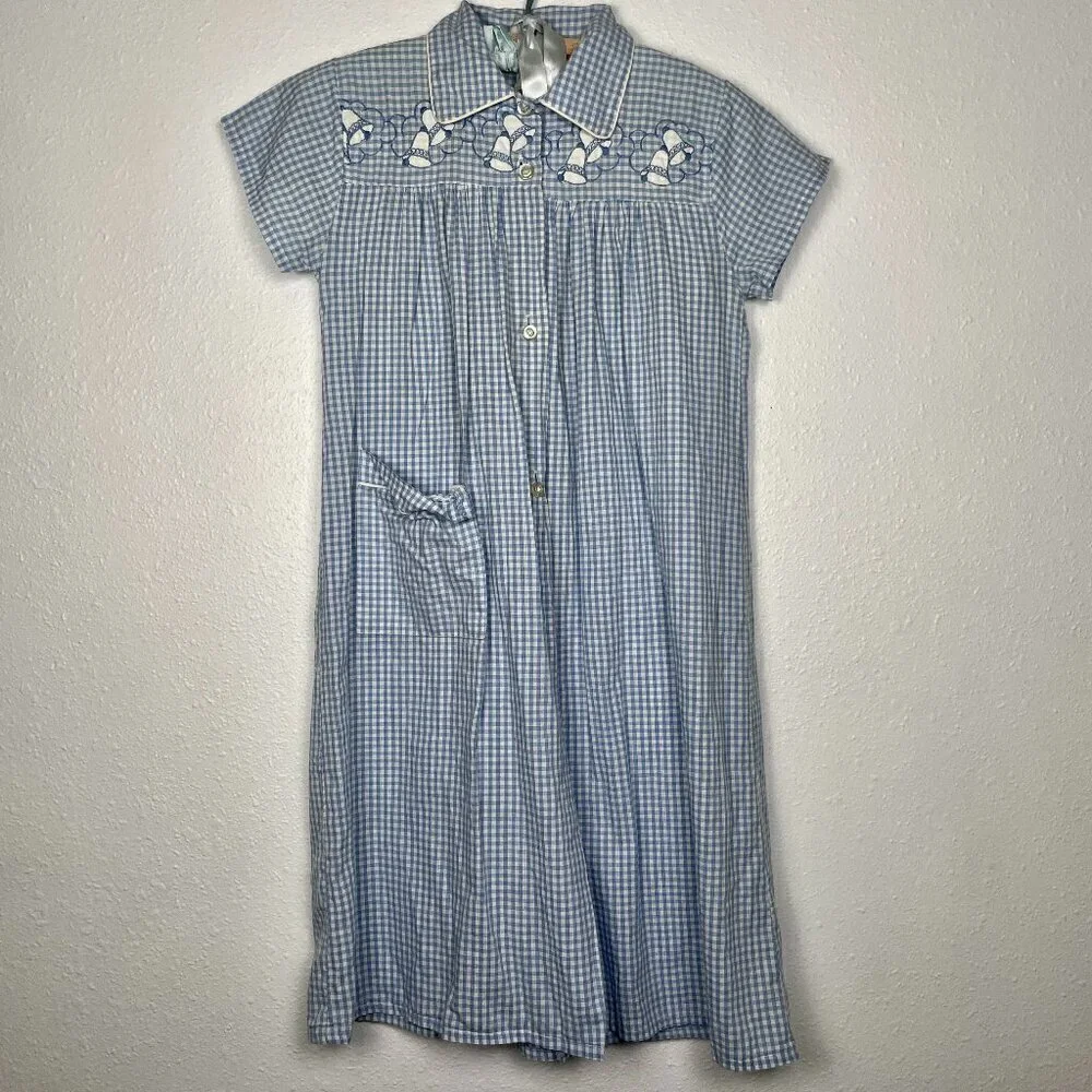 Vintage Kids Kickaway Blue Gingham Pajama Night Dress Size: 12